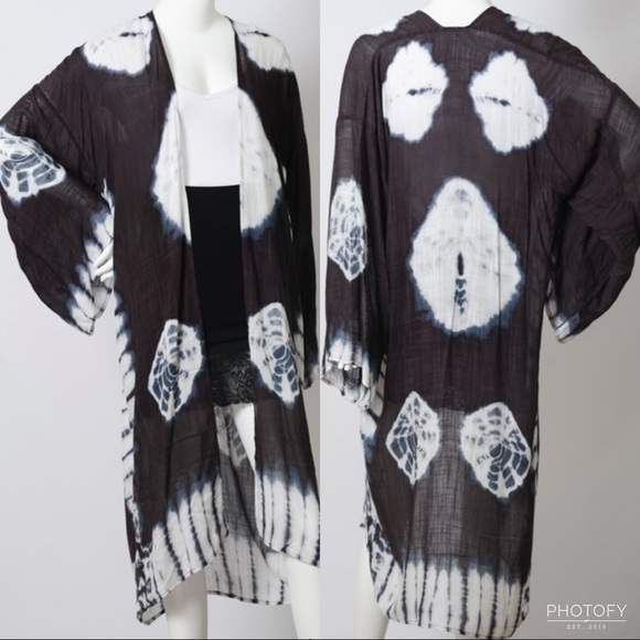 Kimono Tie Dye Long Cover Up BLACK - Picture 4 of 4